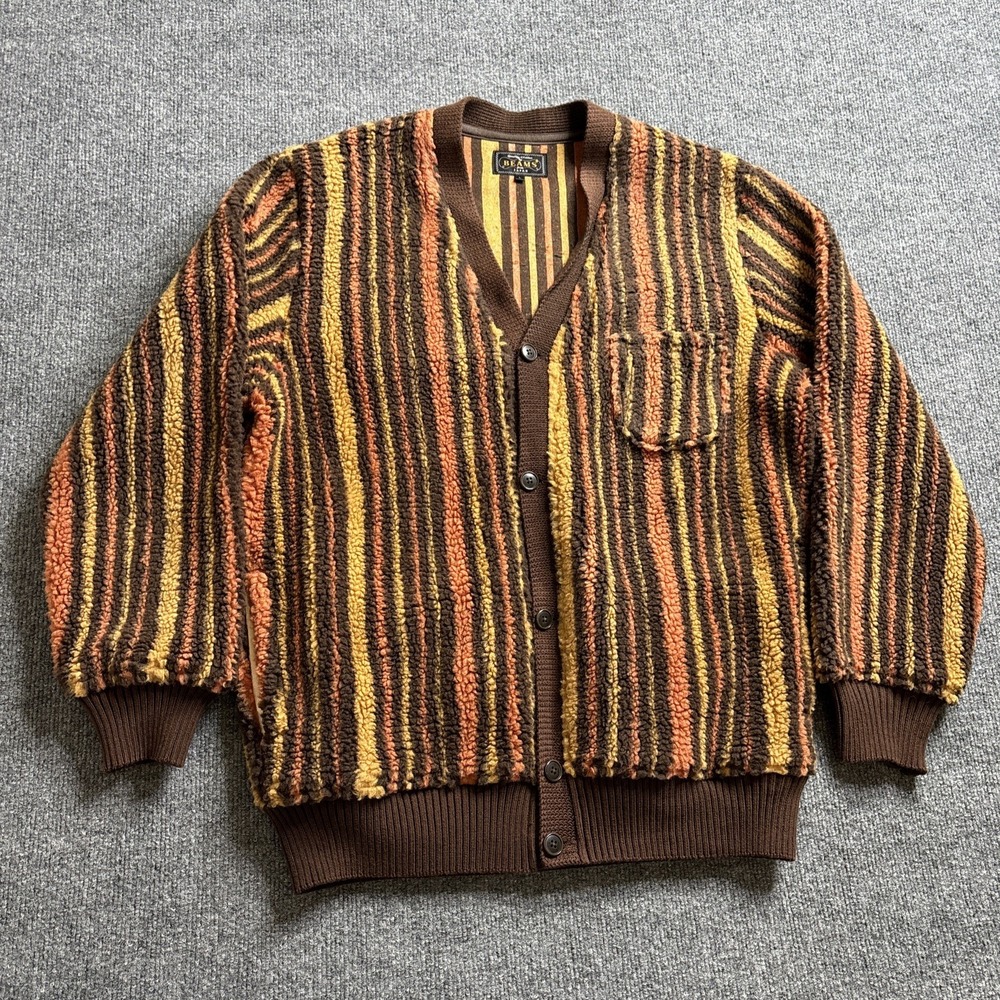 Beams Plus Japan Fleece Cardigan Men's Size Large Striped Brown Sherpa